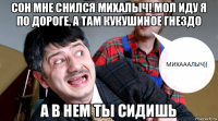 сон мне снился михалыч! мол иду я по дороге, а там кукушиное гнездо а в нем ты сидишь