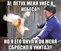 а!, петух меня унёс в небеса!! но я его пнул и он меня сбросил в унитаз!!