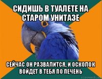 сидишь в туалете на старом унитазе сейчас он развалится, и осколок войдет в тебя по печень