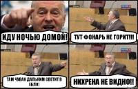 иду ночью домой! тут фонарь не горит!!! там чувак дальним светит в ебло! нихрена не видно!!