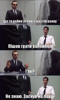 Що ти робив робив о шостій ранку Пішов грати валейбол І як? Не знаю. Заснув на лавці