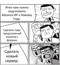 Итак нам нужно подготовить Advance-RP к Новому Году. Сделать пару предложений игроков с форума. Сделать новый сервер.