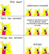 работники столовой хамить и смотреть на всех как на дерьмо, чтобы настроение и аппетит были на нуле всегда!