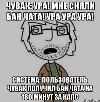 чувак: ура! мне сняли бан чата! ура ура ура! система: пользователь чувак получил бан чата на 180 минут за капс