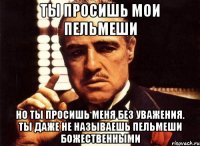 ты просишь мои пельмеши но ты просишь меня без уважения. ты даже не называешь пельмеши божественными