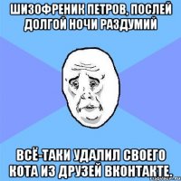 шизофреник петров, послей долгой ночи раздумий всё-таки удалил своего кота из друзей вконтакте.