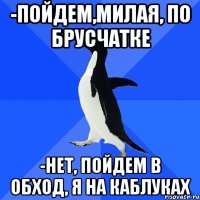 -пойдем,милая, по брусчатке -нет, пойдем в обход, я на каблуках