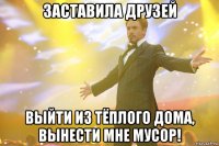 заставила друзей выйти из тёплого дома, вынести мне мусор!