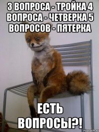 3 вопроса - тройка 4 вопроса - четверка 5 вопросов - пятерка есть вопросы?!