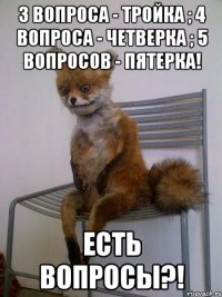 3 вопроса - тройка ; 4 вопроса - четверка ; 5 вопросов - пятерка! есть вопросы?!