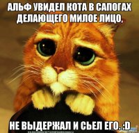 альф увидел кота в сапогах делающего милое лицо, не выдержал и сьел его. :d