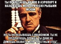 ты прилетаешь ко мне в аэропорт и называешь мою прическу рыбьим мехом но ты не называешь с уважением. ты не предлагаешь дружбу. ты даже не думаешь назвать меня "крёстный отец".