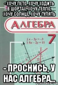 - хочу лето, хочу ходить в шортах, хочу тепло, хочу солнце, хочу гулять - проснись, у нас алгебра...