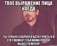 твоё выражение лица когда ты только собрался идти гулять и в этот момент тебя мама просит вынести мусор