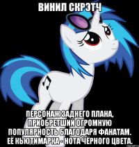 винил скрэтч персонаж заднего плана, приобретший огромную популярность благодаря фанатам. её кьютимарка - нота чёрного цвета.