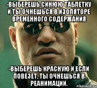 -выберешь синюю таблетку и ты очнешься в изоляторе временного содержания -выберешь красную и если повезет, ты очнешься в реанимации.