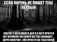 если парень не пишет тебе первый значит у него много дел и у него просто нет времени, но скоро он тебе напишет .. шучу конечно , ему просто на тебя похуй