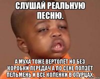 слушай реальную песню. а муха тоже вертолёт но без коробки передач а по сене ползёт пельмень и все коленки в огурцах.