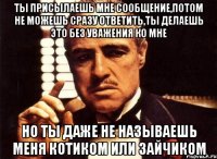 ты присылаешь мне сообщение,потом не можешь сразу ответить,ты делаешь это без уважения ко мне но ты даже не называешь меня котиком или зайчиком