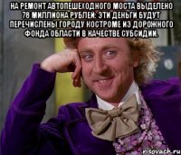 на ремонт автопешеходного моста выделено 78 миллиона рублей: эти деньги будут перечислены городу костроме из дорожного фонда области в качестве субсидии. 