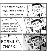 Итак нам нужно зделать аниме популярным Создать больше сезонов. Сделать лучше сюжет и добавить любви. БОЛЬШЕ СИСЕК.