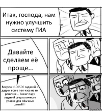 Итак, господа, нам нужно улучшить систему ГИА Давайте сделаем её проще... Введем +100500 заданий и дадим всего пол часа на их решения... Также пару заданий сверхсложного уровня для обычных детей!!!