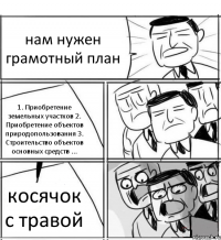 нам нужен грамотный план 1. Приобретение земельных участков 2. Приобретение объектов природопользования 3. Строительство объектов основных средств ... косячок с травой