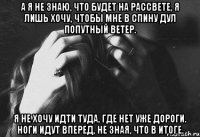 а я не знаю, что будет на рассвете, я лишь хочу, чтобы мне в спину дул попутный ветер. я не хочу идти туда, где нет уже дороги. ноги идут вперед, не зная, что в итоге.