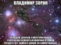 владимир зорин большой, добрый, в меру упитанный совершенно неженатый мужчина в самом расцвете лет. немного дикий, но симпатишный.