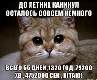 до летних каникул осталось совсем немного всего 55 дней ,1320 год ,79200 хв , 4752000 сек , вітаю!