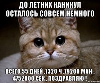 до летних каникул осталось совсем немного всего 55 дней ,1320 ч ,79200 мин , 4752000 сек , поздравляю !