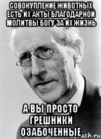 совокупление животных есть их акты благодарной молитвы богу за их жизнь а вы просто грешники озабоченные