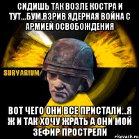 сидишь так возле костра и тут...бум,взрив ядерная война с армией освобождения вот чего они все пристали...я ж и так хочу жрать а они мой зефир прострели