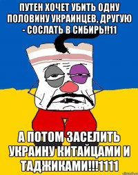 путен хочет убить одну половину украинцев, другую - сослать в сибирь!!11 а потом заселить украину китайцами и таджиками!!!1111