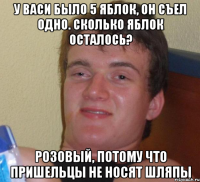 у васи было 5 яблок, он съел одно. сколько яблок осталось? розовый, потому что пришельцы не носят шляпы