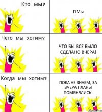 ПМы Что бы все было сделано вчера! Пока не знаем, за вчера планы поменялись!