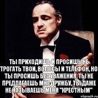 Ты приходишь и просишь не трогать твои, волосы и телефон, но ты просишь без уважения, ты не предлагаешь мне дружбу, ты даже не называешь меня "Крестным"