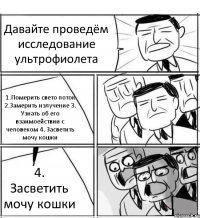 Давайте проведём исследование ультрофиолета 1.Померить свето поток 2.Замерить излучение 3. Узнать об его взаимоействии с человеком 4. Засветить мочу кошки 4. Засветить мочу кошки