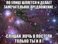 по улице шляется и делает замечательное предложение : -слушай ,ночь в постели , только ты и я !