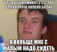 щас выхожу,живот,у сестры др,ну короче колено болит а вообще мне с малым надо сидеть