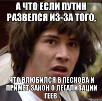 а что если путин развелся из-за того, что влюбился в пескова и примет закон о легализации геев.