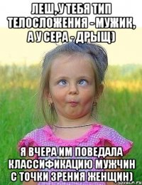 леш, у тебя тип телосложения - мужик, а у сера - дрыщ) я вчера им поведала классификацию мужчин с точки зрения женщин)