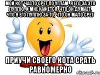 мой кот часто срет по углам, я его за это луплю, и мне кажется, что он думает, что я его луплю за то, что он мало срет приучи своего кота срать равномерно