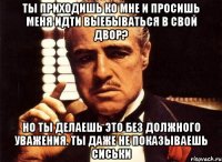 ты приходишь ко мне и просишь меня идти выебываться в свой двор? но ты делаешь это без должного уважения. ты даже не показываешь сиськи