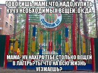 говоришь маме,что надо купить кучу необходимых вещей..ок,да мама- ну нахера тебе столько вещей в лагерь?ты что на всю жизнь уезжаешь?