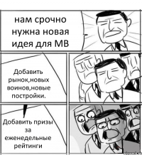 нам срочно нужна новая идея для МВ Добавить рынок,новых воинов,новые постройки. Добавить призы за еженедельные рейтинги