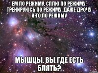 ем по режиму, сплю по режиму, тренируюсь по режиму, даже дрочу и то по режиму мышцы, вы где есть блять?