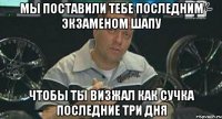 мы поставили тебе последним экзаменом шапу чтобы ты визжал как сучка последние три дня