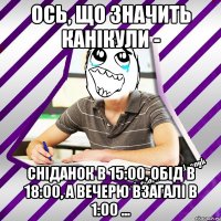 ось, що значить канікули - сніданок в 15:00, обід в 18:00, а вечерю взагалі в 1:00 ...