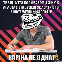 те відчуття коли разом з зінюк анастасією будеш здавати зно з математики і біології! каріна не одна!